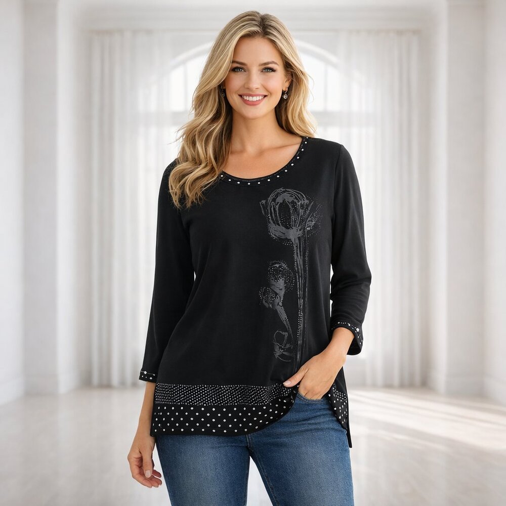 2 for $20 Variations Black Floral Silhouette Long Sleeve Blouse - Polka Dots